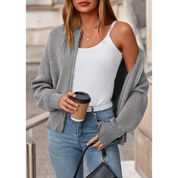 Women's Cropped Cardigan Sweaters Fall Open Front Long Sleeve Ribbed Knit Zipper - Picture 4 of 8